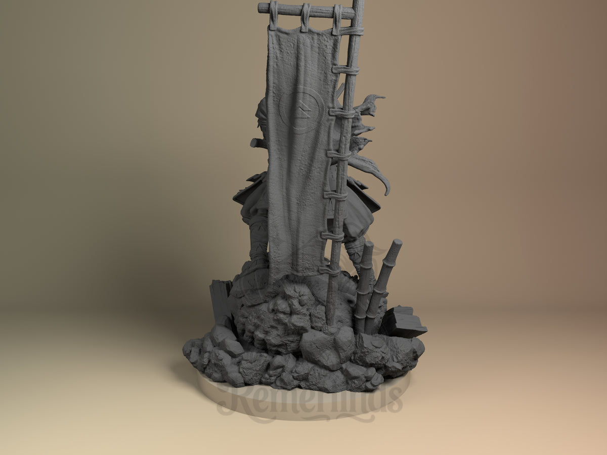 Rear view showing cloak, back armor, or base sculpt detail.