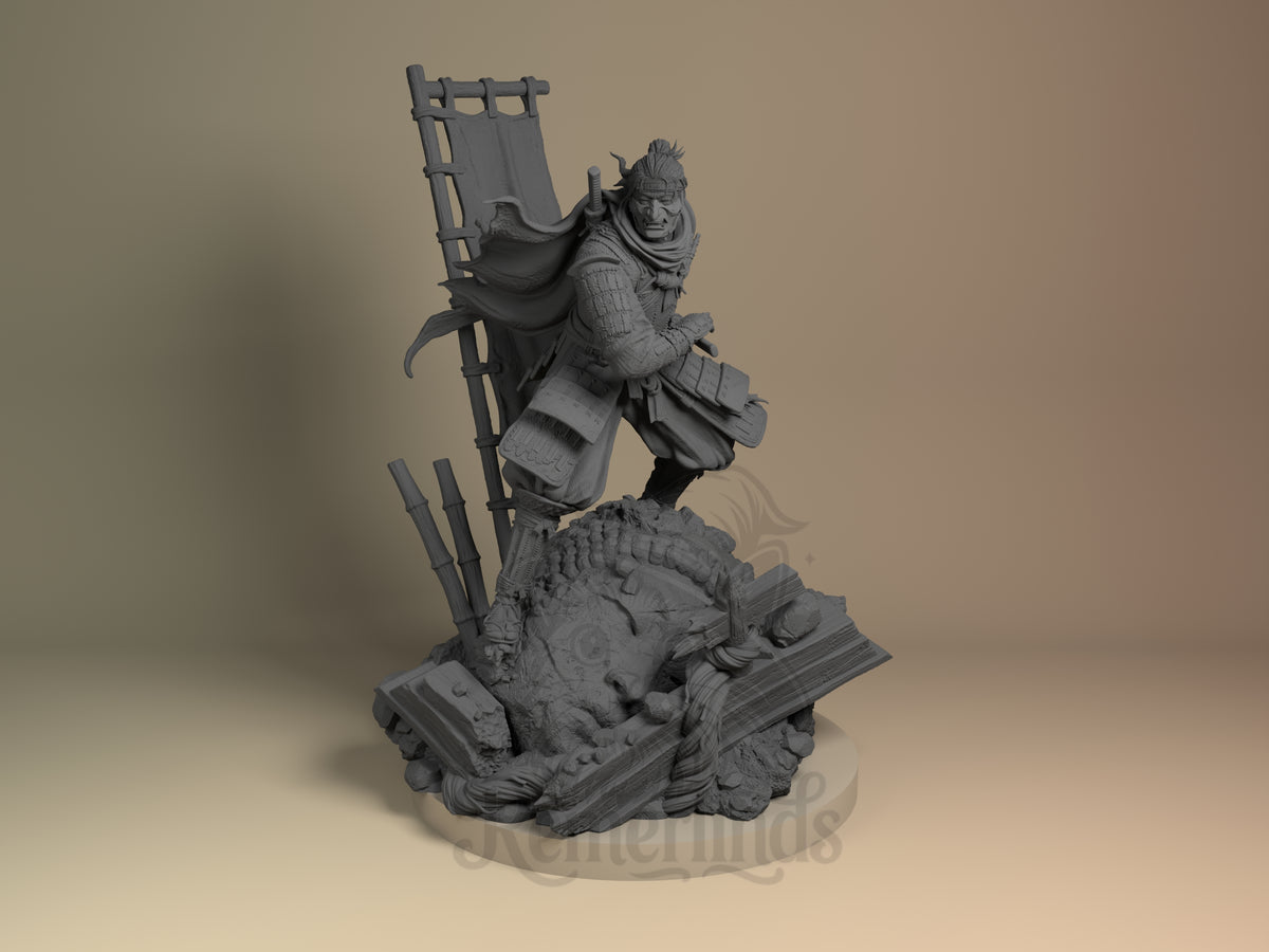 Unpainted front-view Jin Sakai from Ghost of Tsushima resin figure crouches on a rocky base.