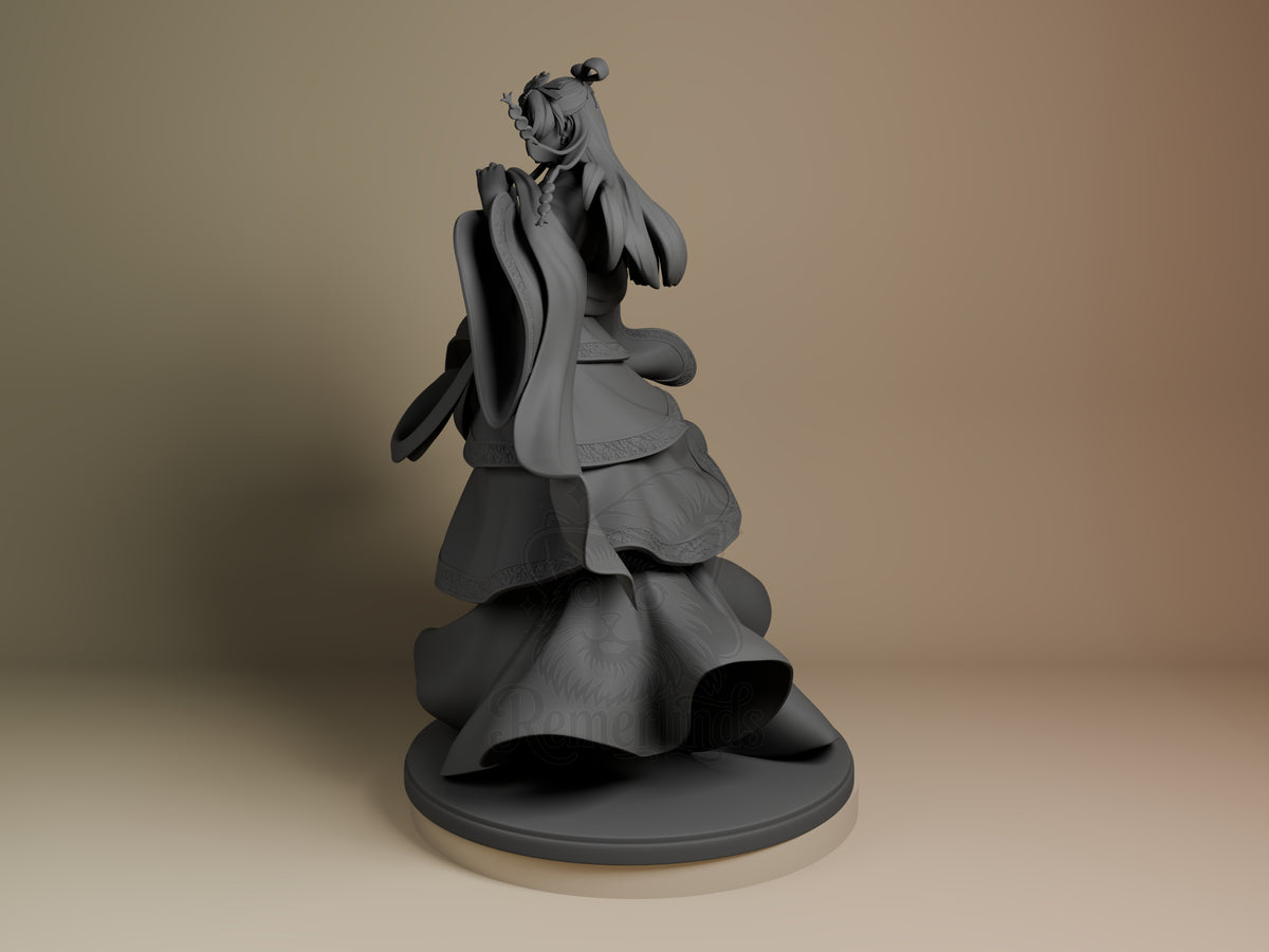 Jinshi resin figure from Apothecary Diaries in elegant pose, unpainted gray resin with flowing robes, shown at angle on circular base.