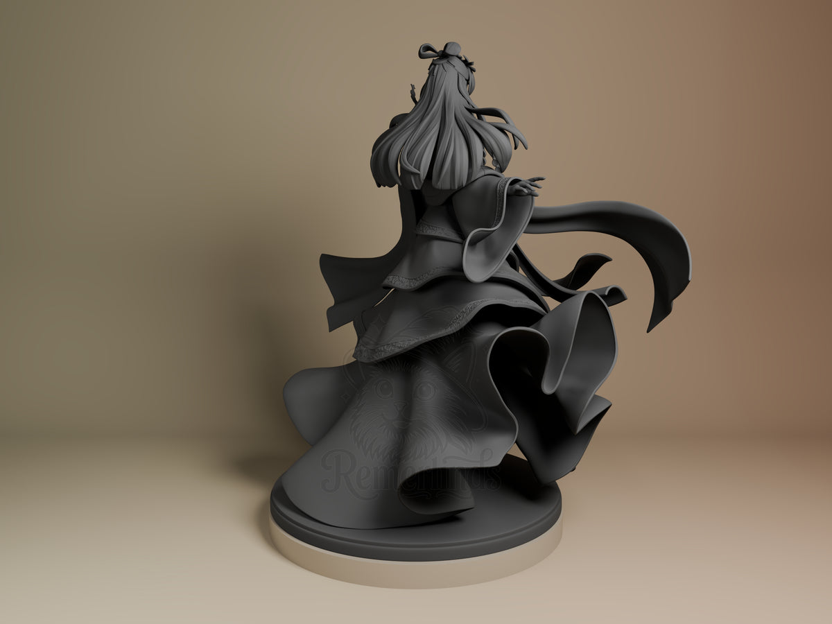 Back view of unpainted Jinshi resin figure from Apothecary Diaries, showing flowing robes and hair detail on circular base.