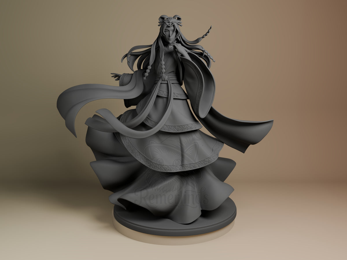 Jinshi resin figure from Apothecary Diaries, front view, unpainted gray with flowing robes and cape, posed on circular base.
