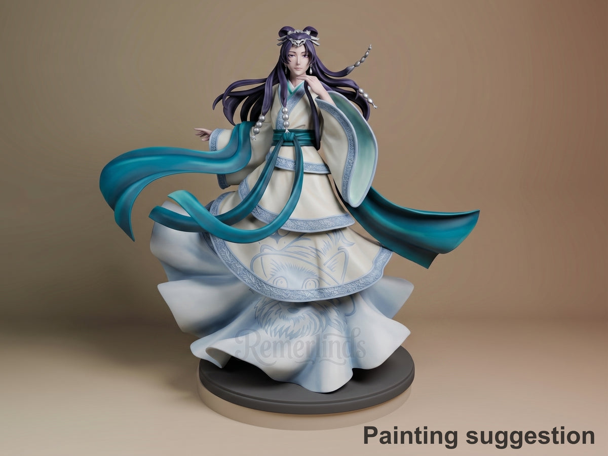 Jinshi resin figure from Apothecary Diaries, front angle, flowing teal robes and hair ribbons, painted details on cream base, by Bulkamancer.