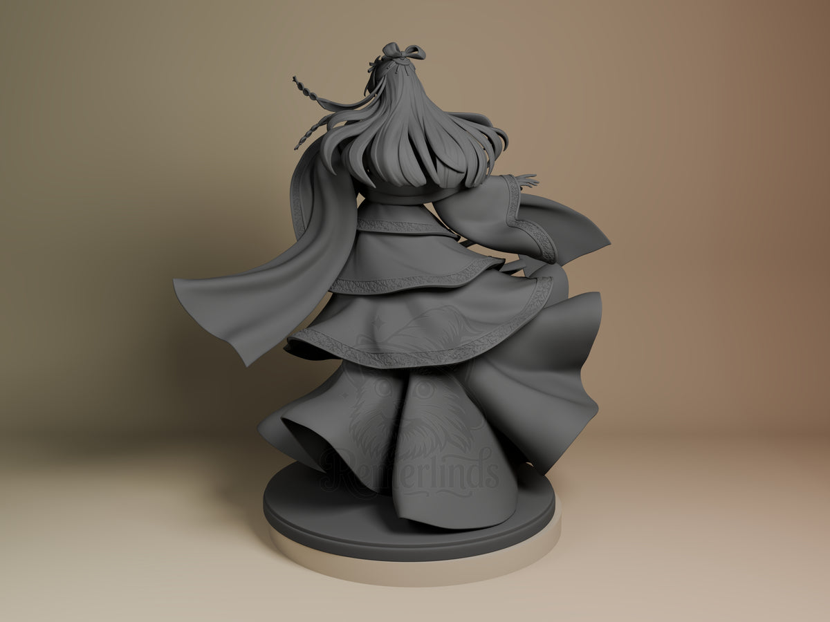 Jinshi resin figure from Apothecary Diaries, shown from left side view wearing layered robes with flowing cape, unpainted gray finish, on round base.