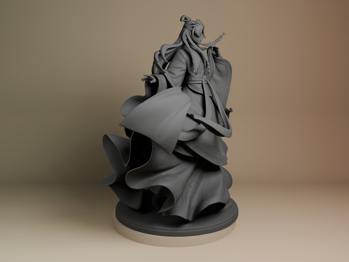 Jinshi 3D printed resin figure from Apothecary Diaries, shown from right angle with flowing robes and detailed clothing, unpainted gray finish on round base.