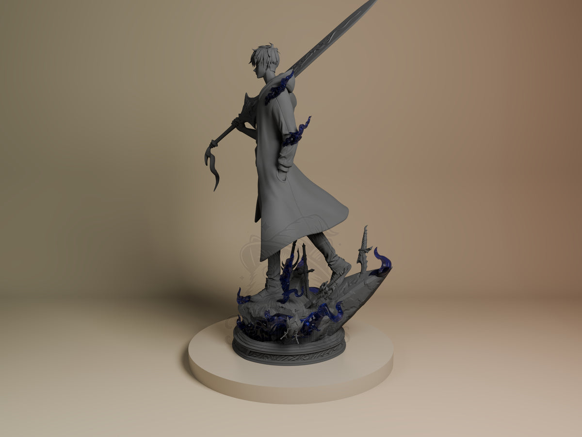 Jinwoo Solo Ascension 3D printed resin figure by myAnimate, angled view showing dimensional details.