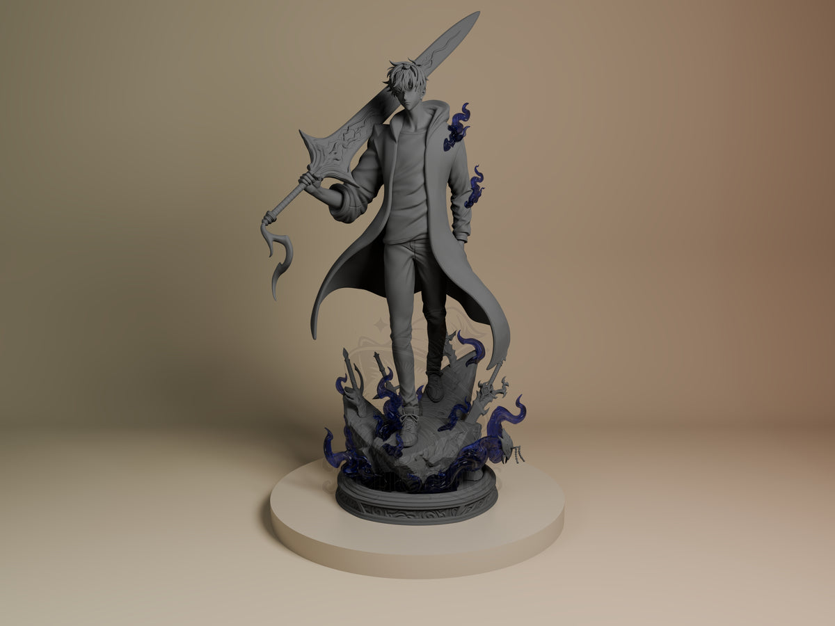 Jinwoo Solo Ascension 3D printed resin figure by myAnimate, unpainted front view. The figure depicts Jinwoo from Solo Ascension standing confidently with a large sword resting on his shoulder. He wears a flowing long coat over casual clothing, and dark blue translucent flame effects swirl around his arms and the textured cracked base, adding a dynamic energy to the piece.