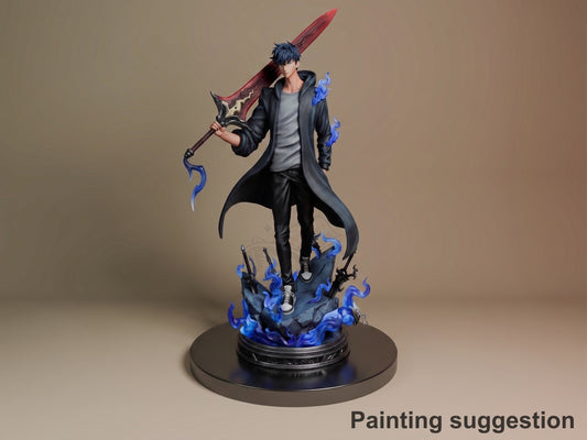 Jinwoo resin figure from Solo Leveling in dynamic pose holding red sword, blue magical effects on base and body, painted black coat, standing on circular base.
