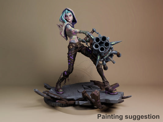 Jinx resin figure from Arcane in dynamic pose wielding oversized rocket launcher, blue hair, purple accents, fully painted on detailed base.