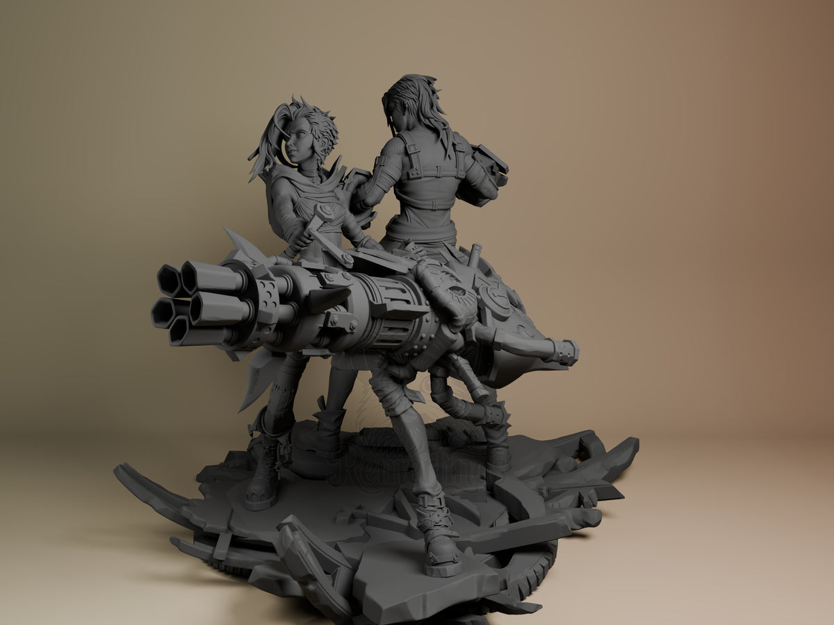 Jinx and Vi resin diorama from Arcane, unpainted gray figures posed on beast-mounted base, angled side view.