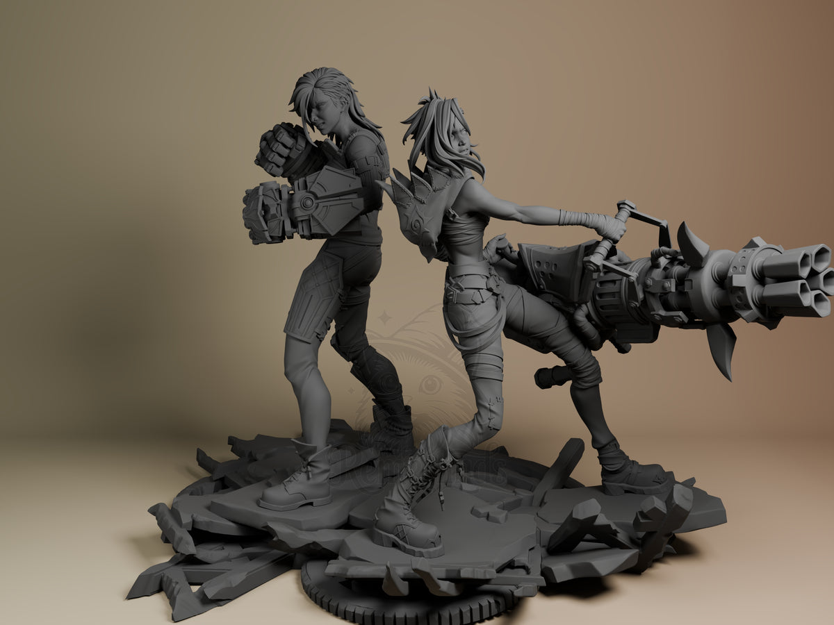 Jinx and Vi resin diorama from Arcane, unpainted gray figures posed back-to-back on rocky base, front angle view.