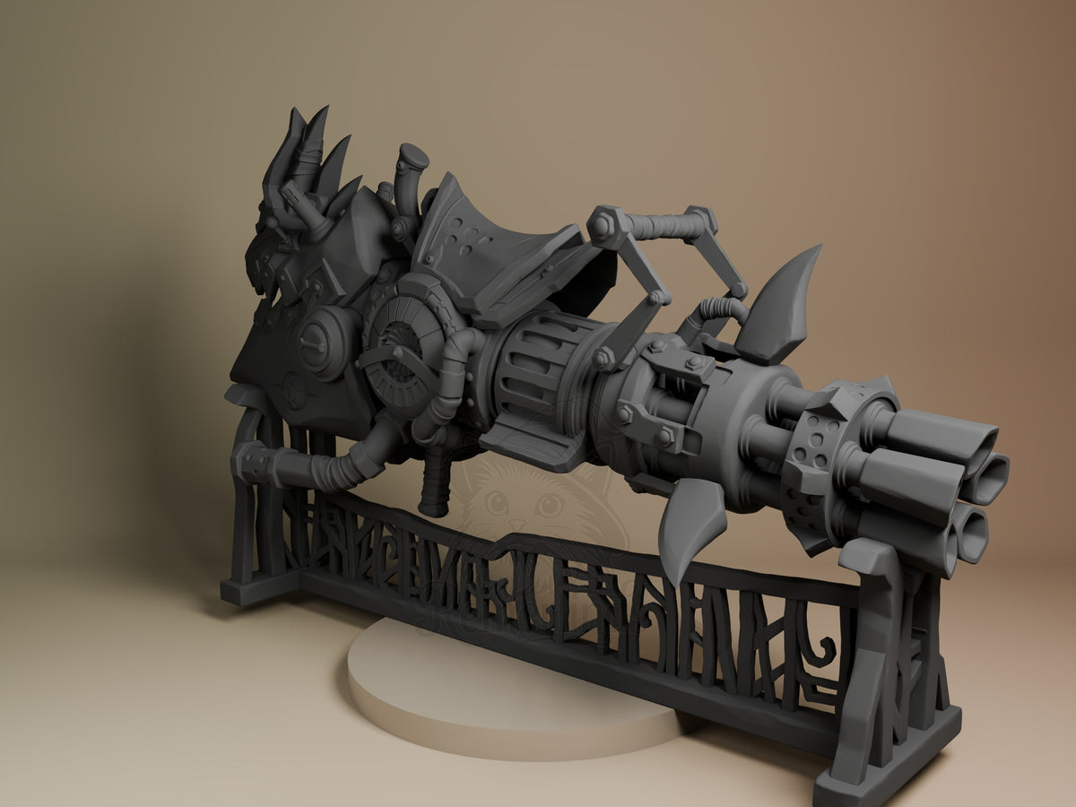 Jinx's Rhino Gun resin figure from Arcane displayed at angle, unpainted gray, mounted on decorative base with ornate lettering.