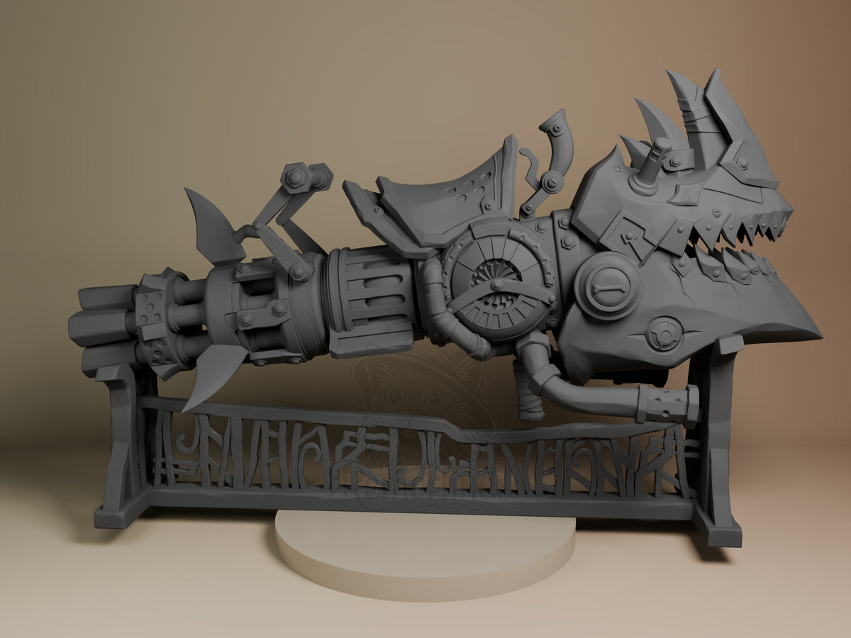 Jinx's Rhino Gun resin figure viewed from back, showing ornate mechanical details, unpainted gray finish, mounted on decorative base.