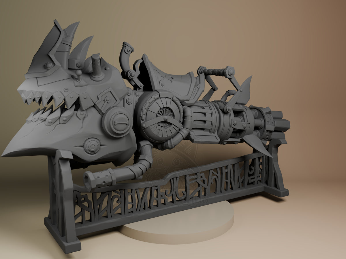 Jinx's Rhino Gun resin figure from Arcane displayed front-on, showing detailed unpainted gray mechanics and decorative base with ornate plating.
