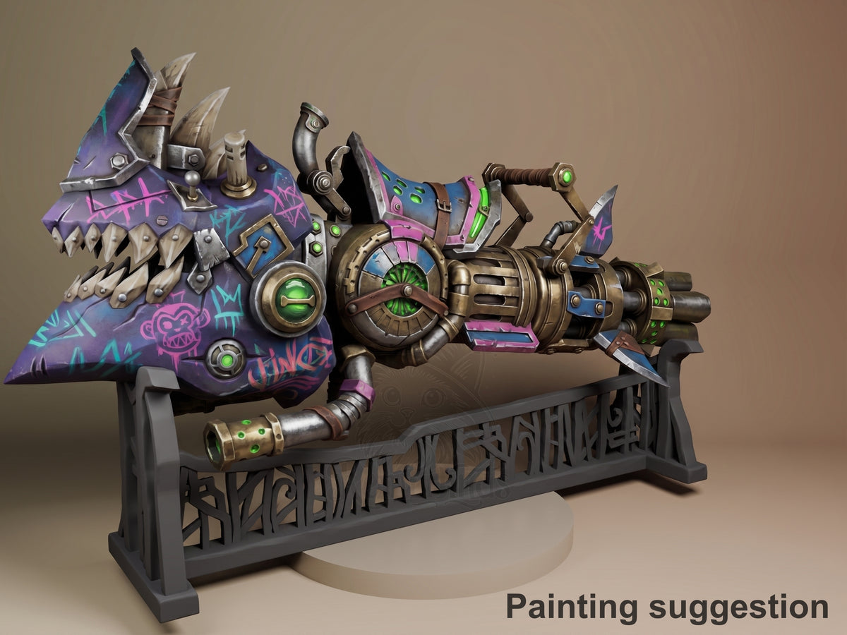 Jinx's Rhino Gun resin figure displayed on decorative base, vibrant purple and metallic paint with green accents, side angle view.