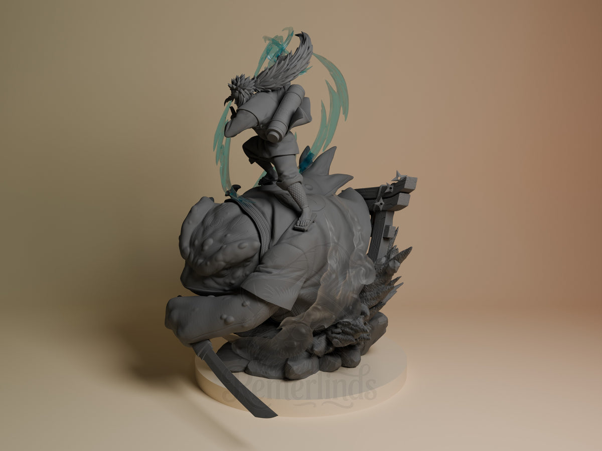 An angled Jiraiya from Naruto resin figure crouches atop a sculpted frog base, unpainted.