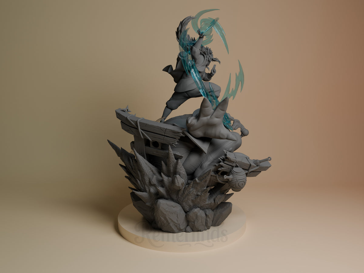 Back view of Jiraiya from Naruto, an unpainted resin figure posed above a rocky base.