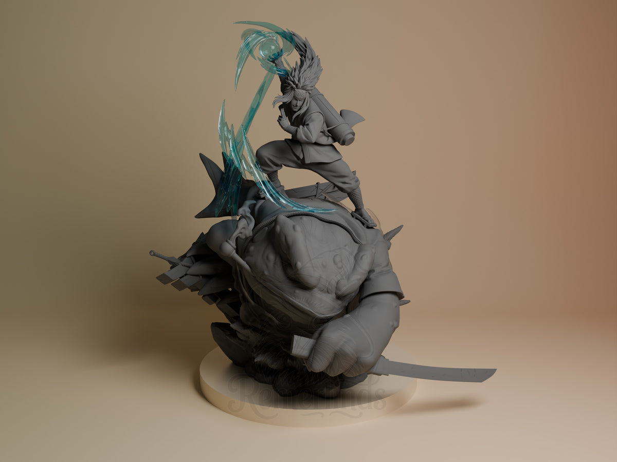 Front view of Jiraiya from Naruto as an unpainted resin figure crouching on a sculpted base.