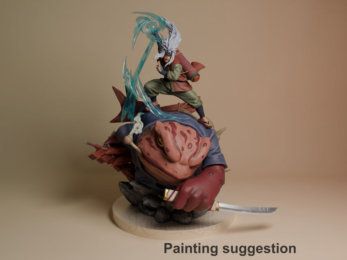 Painted Jiraiya from Naruto poses atop a frog base with swirling effects as a resin figure.
