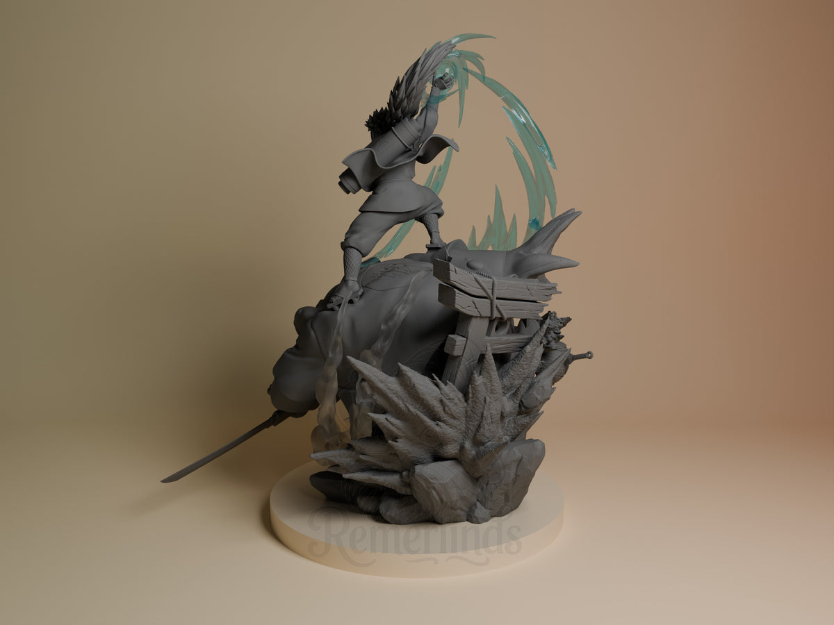 Left view shows an unpainted Jiraiya from Naruto resin figure posed with sword on a sculpted base.