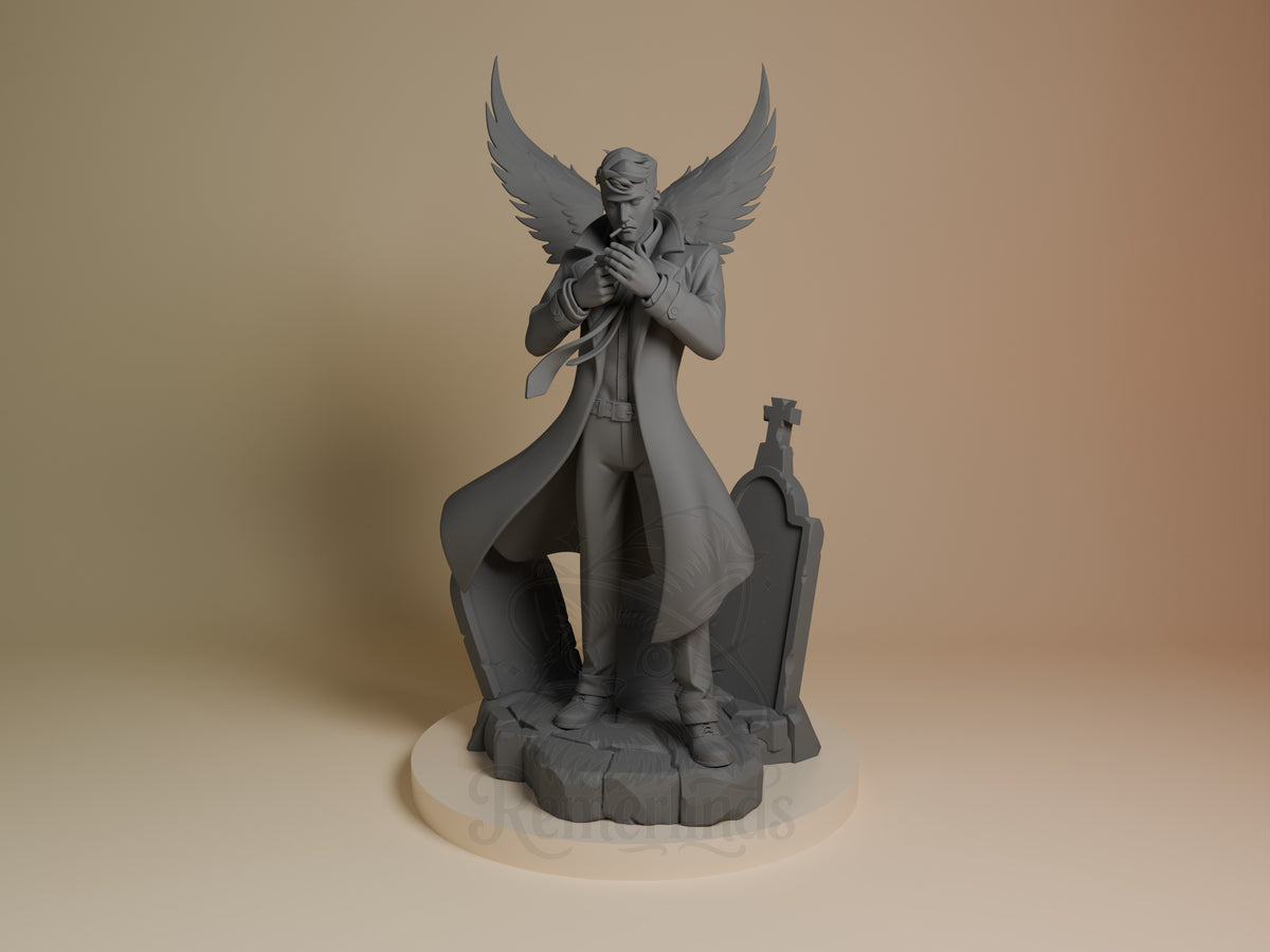 Unpainted John Constantine from Constantine resin figure faces front, lighting a cigarette with wings and gravestone base.