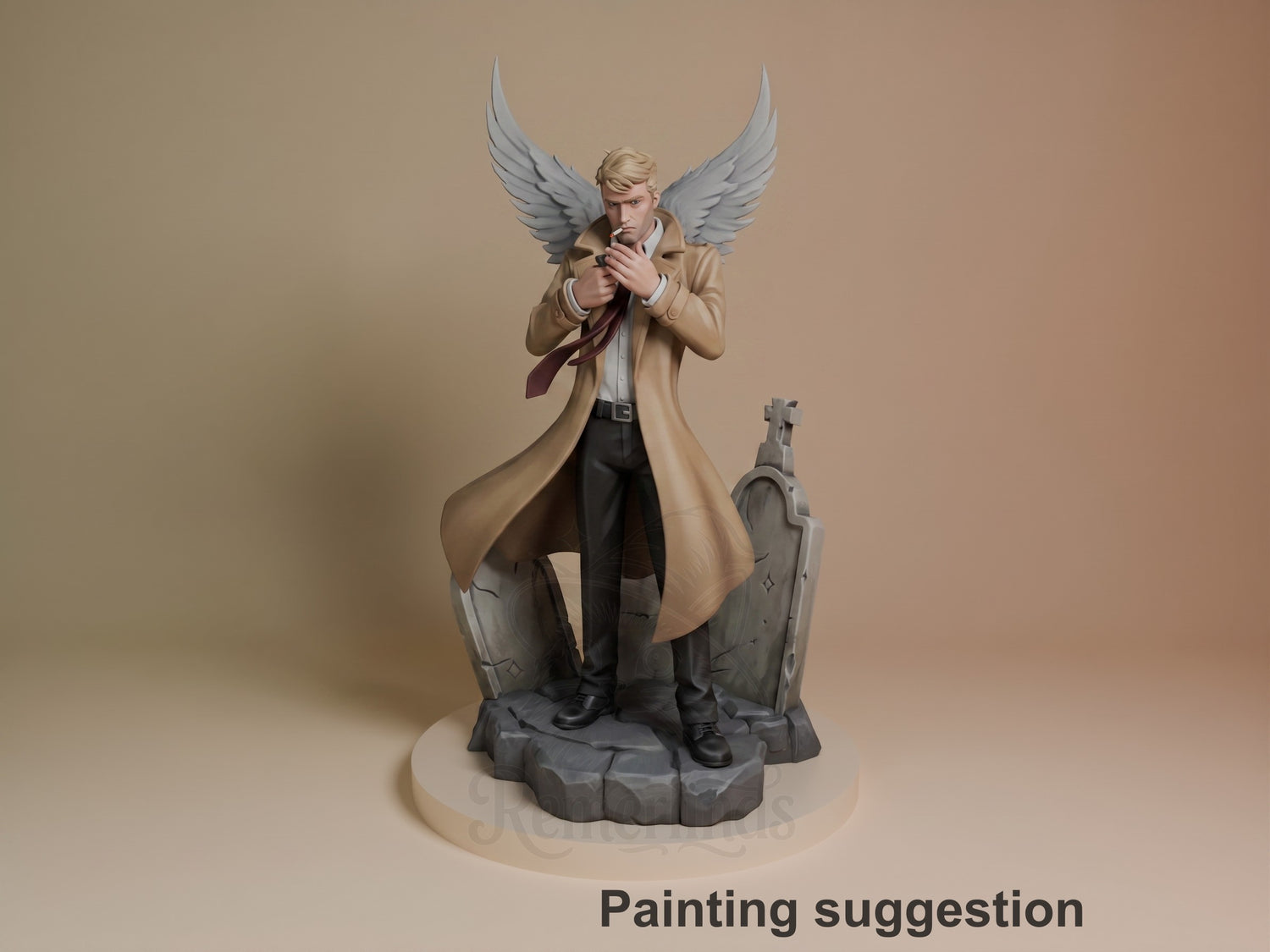 Painted resin figure of John Constantine from Constantine stands with wings on a graveyard base.