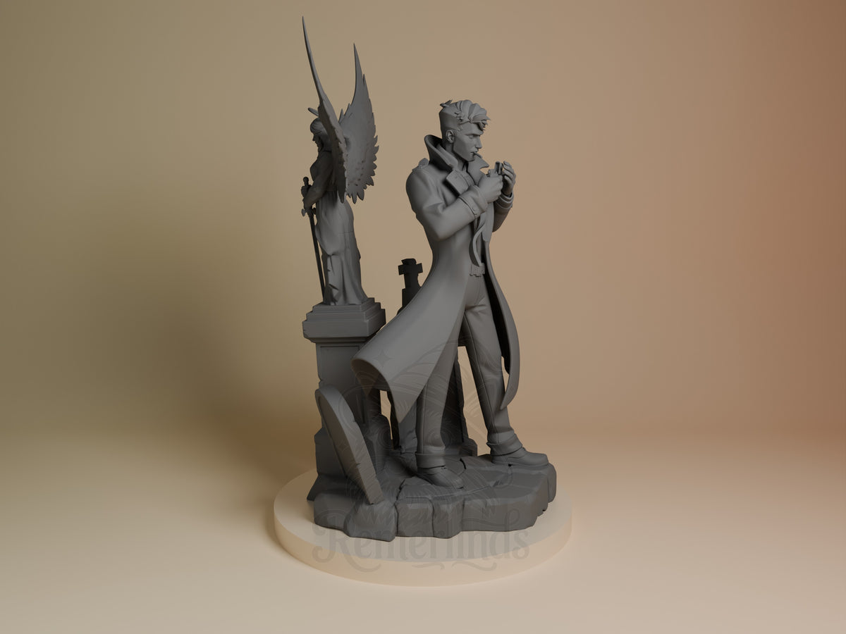 John Constantine from Constantine stands in right view, hands raised, unpainted resin figure on a sculpted angel base.
