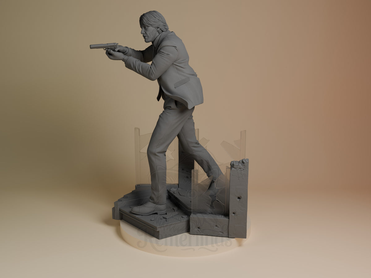 John Wick resin figure in dynamic shooting pose on urban ruins base, unpainted gray detail, side angle view.