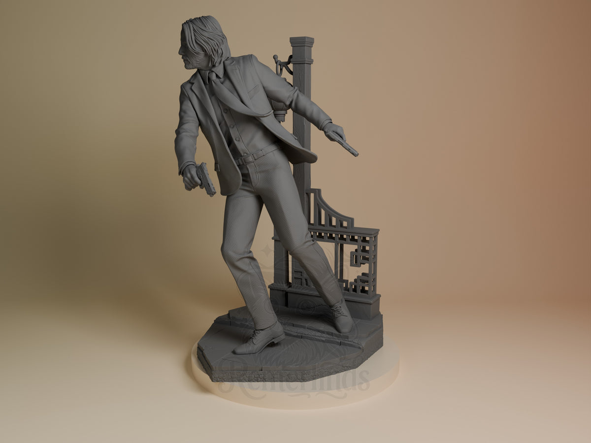 John Wick from John Wick is an unpainted resin figure, angled with two guns on a sculpted base.
