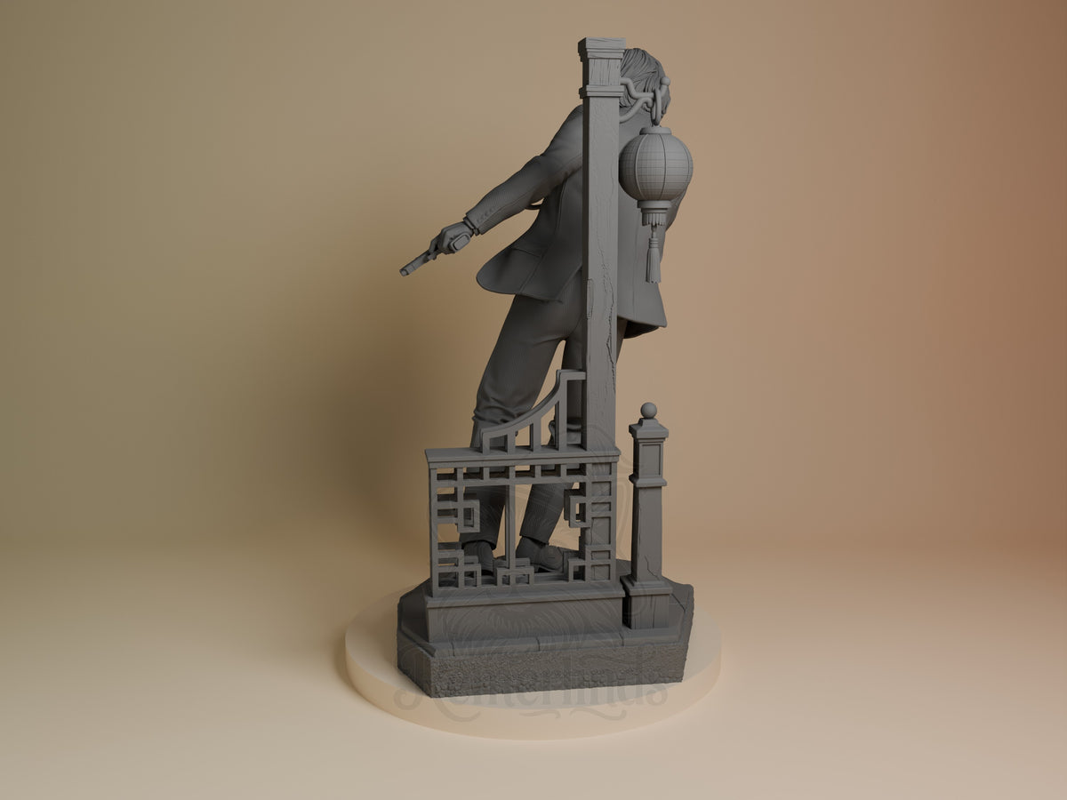 John Wick from John Wick stands back-facing as an unpainted resin figure with pistol on a sculpted base.