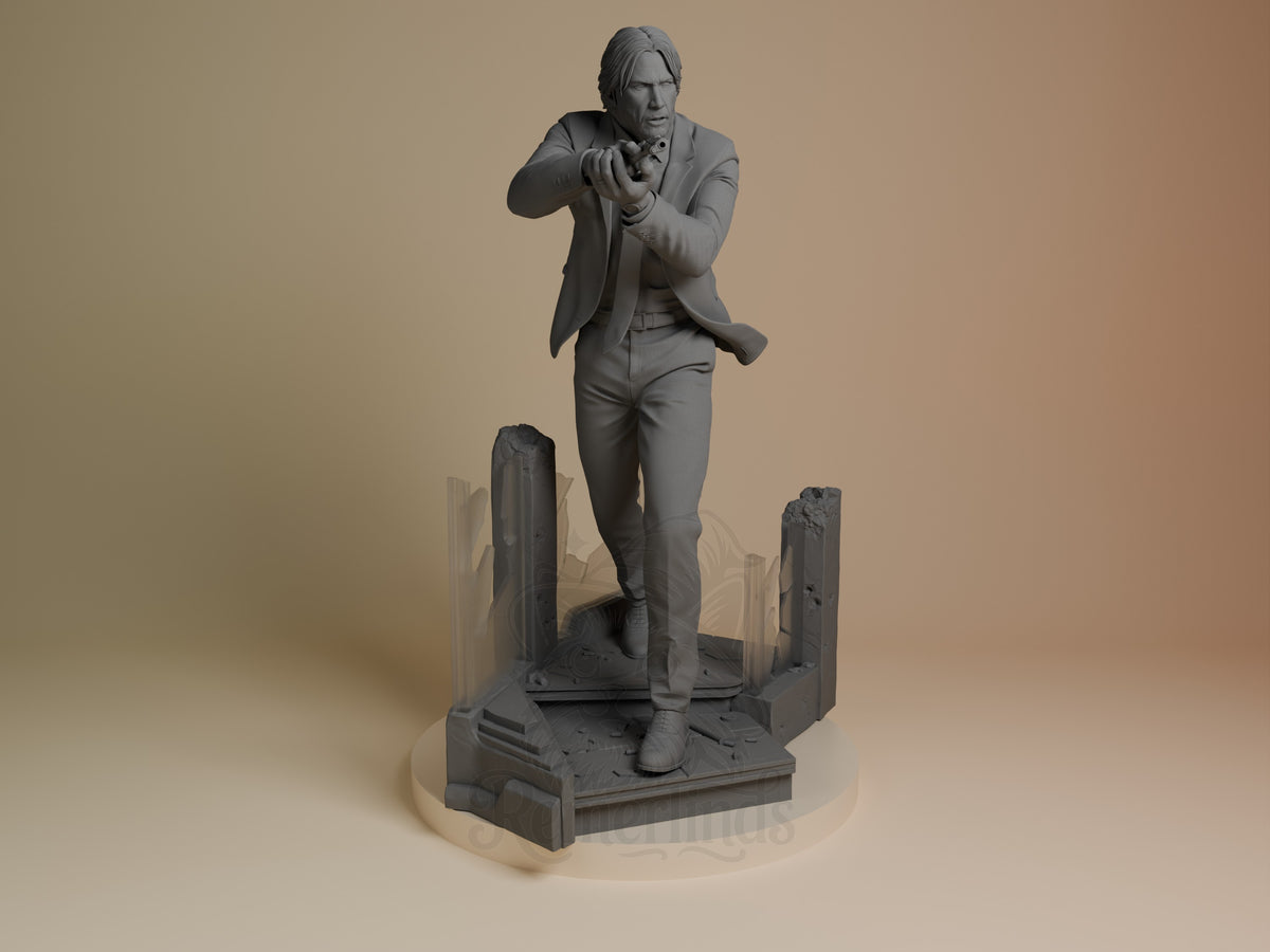 John Wick resin figure in business suit on rocky base, front view, unpainted gray resin, arms positioned in action pose.