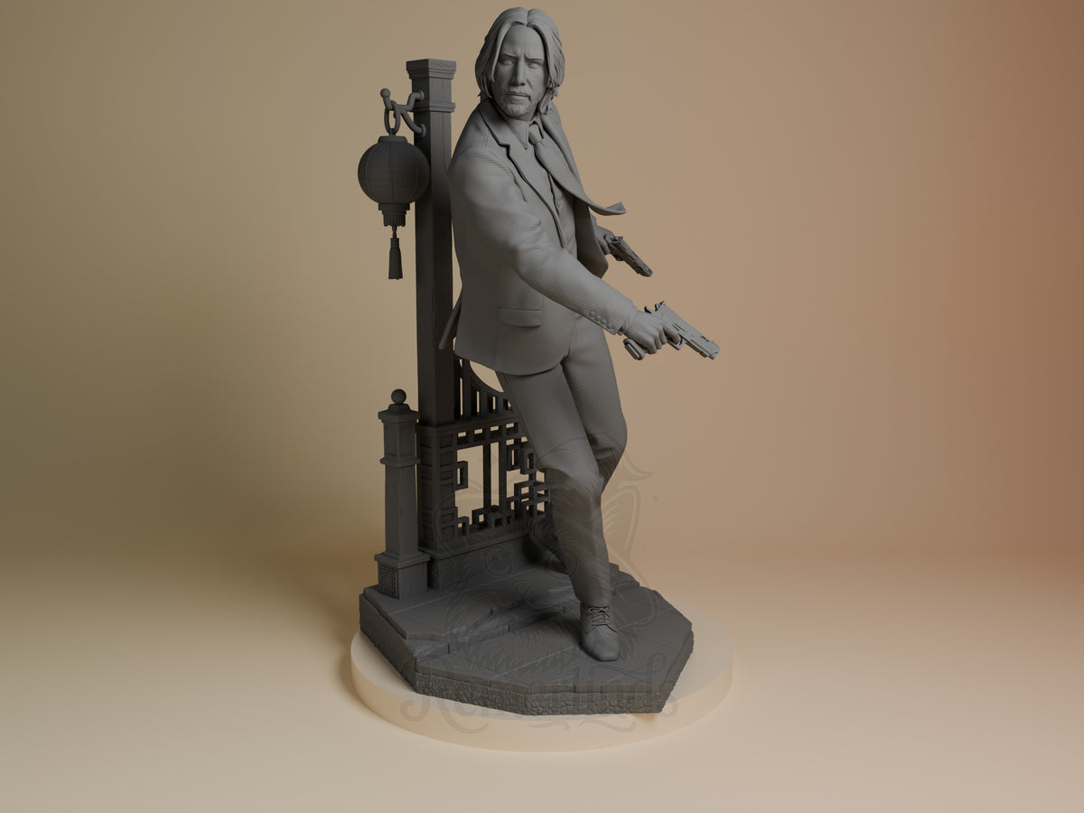 Front-angle unpainted John Wick resin figure from John Wick holds two pistols on a sculpted base.