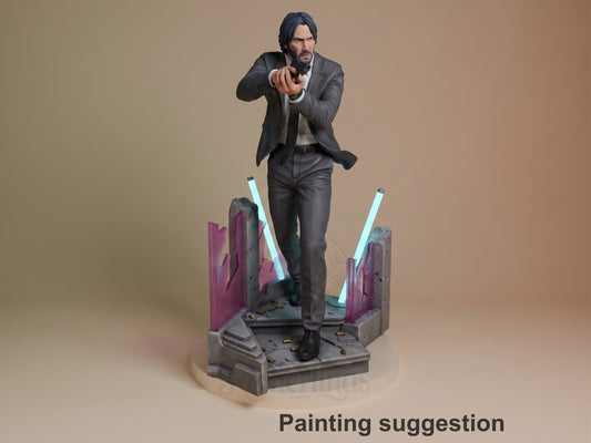 John Wick resin figure in business suit aiming pistol, standing on futuristic neon-lit base with purple structures and cyan accents.