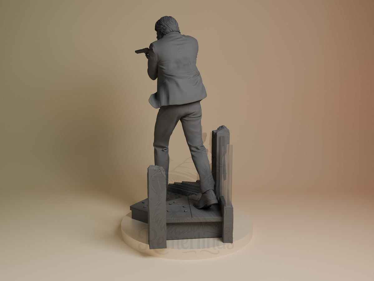 John Wick resin figure shown from behind, standing on wooden crate base, wearing suit jacket and pants, unpainted gray finish.