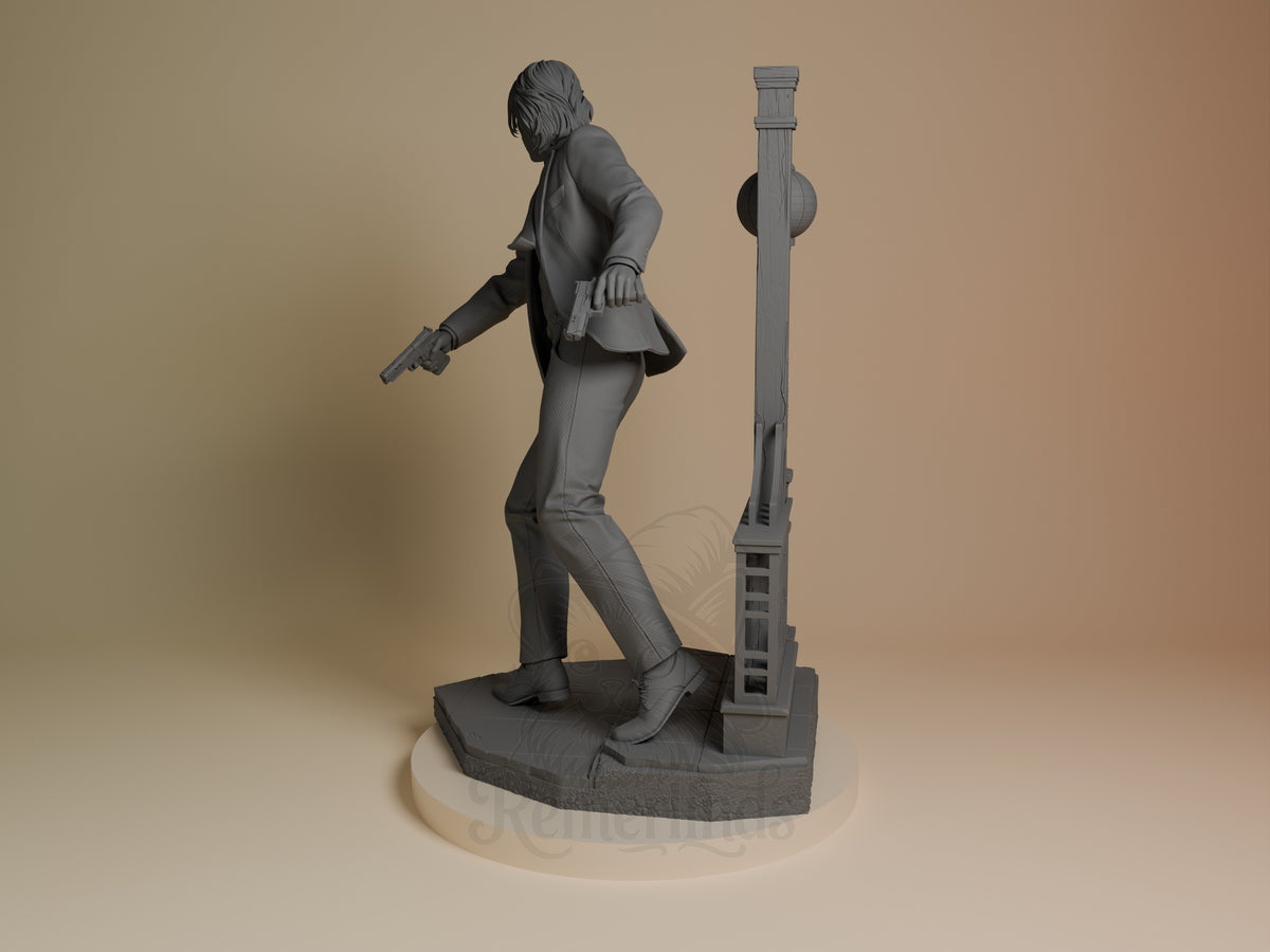 John Wick from John Wick is an unpainted resin figure shown side-on, walking with pistols on a sculpted base.