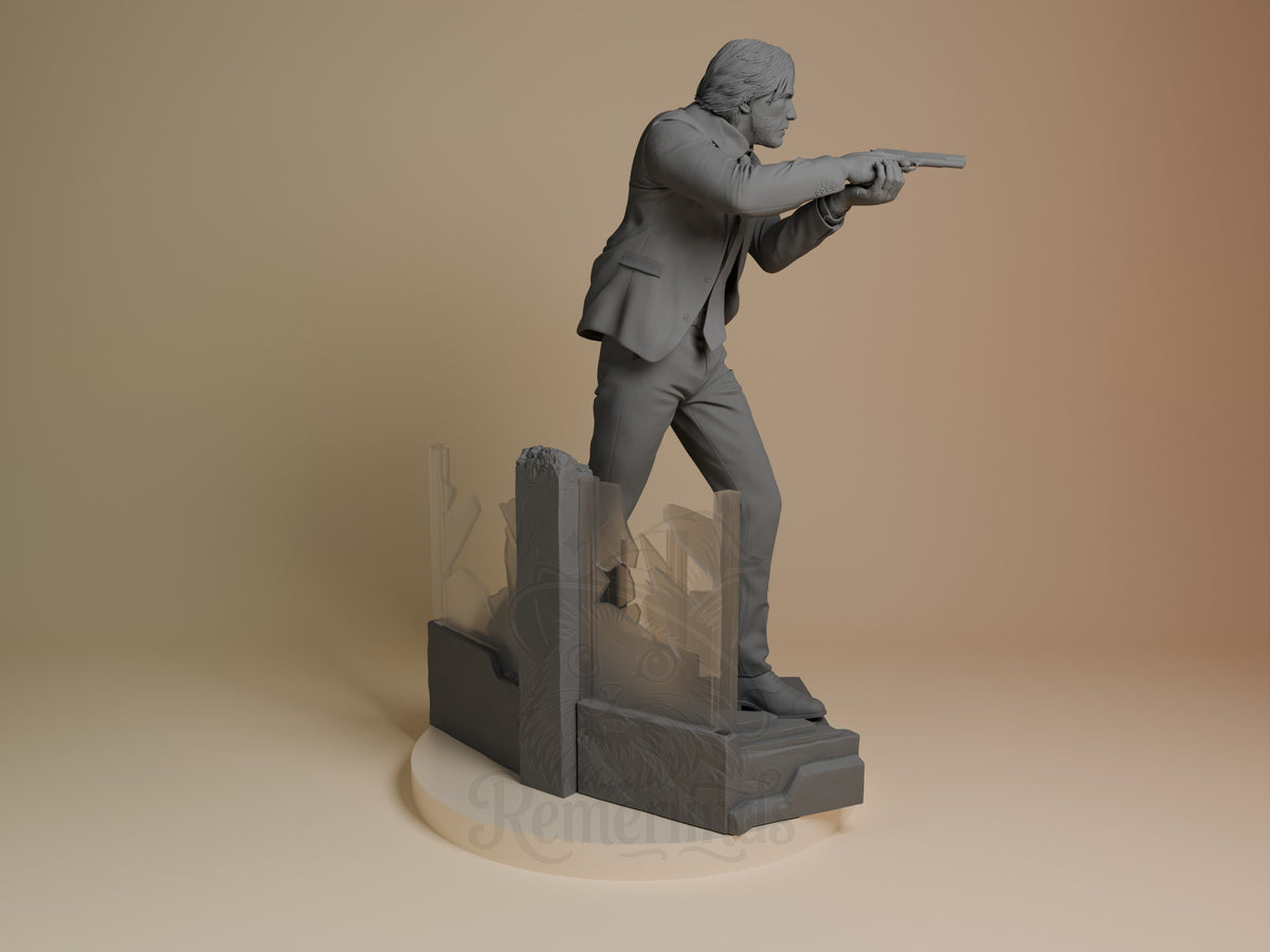 John Wick resin figure in dynamic shooting pose from right angle, unpainted gray finish on wooden base with architectural details.