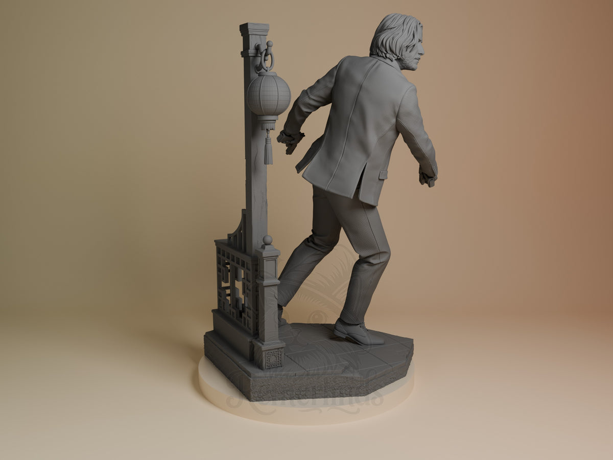 John Wick from John Wick is an unpainted resin figure in a right-facing walking pose on a sculpted base.