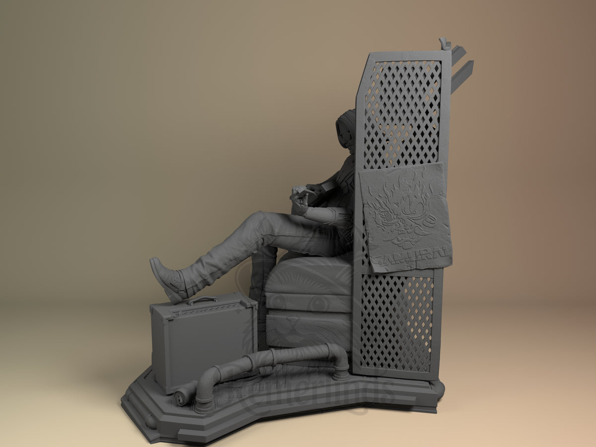 Johnny Chromehand Cyberwave 2077 3D printed resin figure by Nomnom, angled view showing dimensional details.
