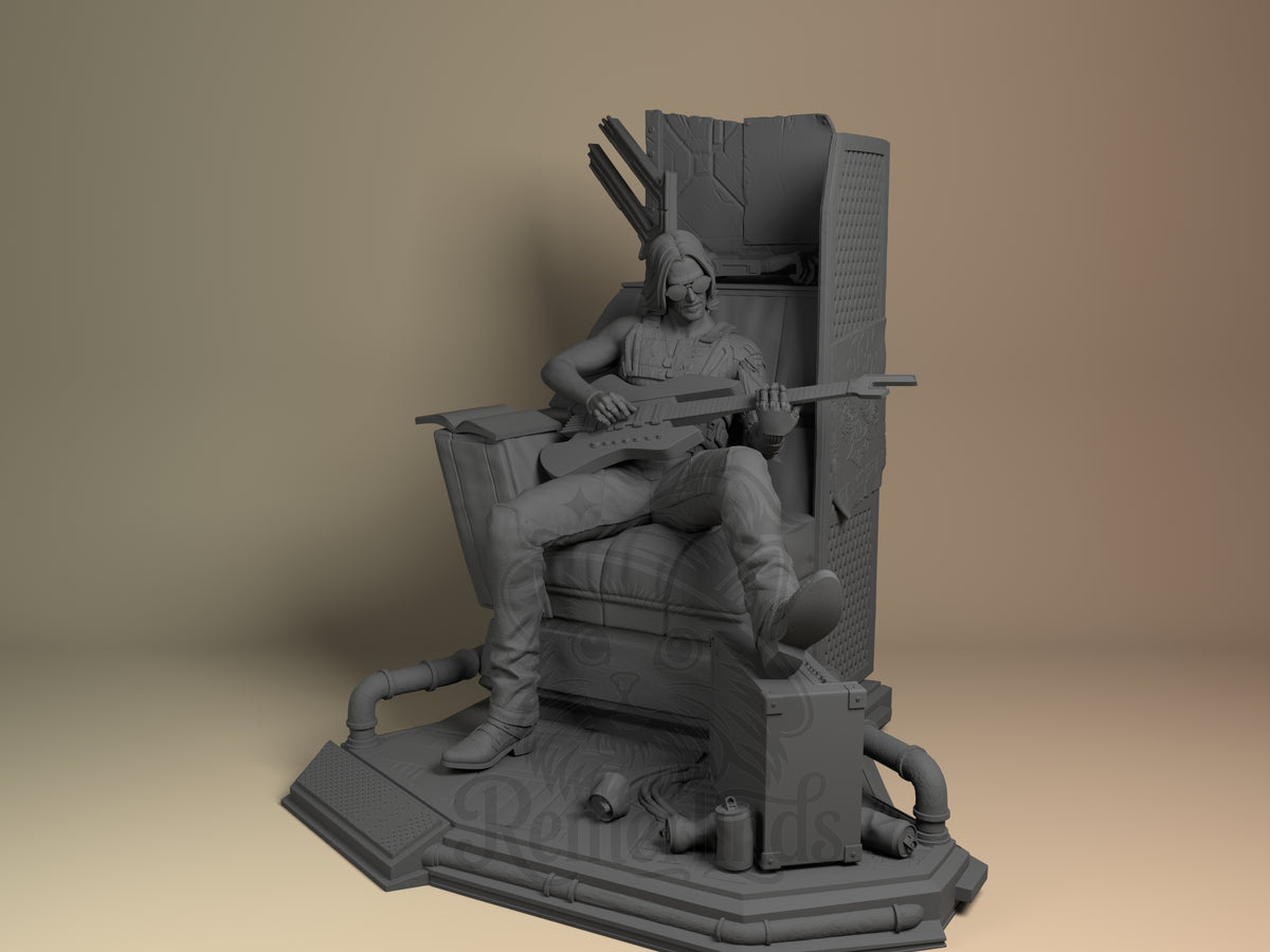 Johnny Chromehand Cyberwave 2077 3D printed resin figure by Nomnom, unpainted front view. The figure depicts Johnny Chromehand sitting in a relaxed, confident pose on a futuristic, worn-out chair while playing a guitar. The detailed base includes industrial elements such as pipes, spray cans, and a metal crate, reinforcing the cyberpunk aesthetic. The overall composition communicates a laid-back yet rebellious character immersed in a gritty, urban environment.