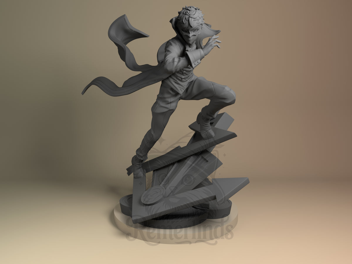 masked phantom thief Phantom Heist 5 3D printed resin figure by Nomnom, unpainted front view. This 3D printed resin miniature depicts a masked phantom thief in an energetic action pose, capturing motion and agility. The character stands dynamically atop a unique base of stylized arrows, with a flowing trench coat and detailed hair contributing to a sense of movement. The figure's intense expression and raised arm enhance the sense of readiness and stealth inherent to the character's persona.