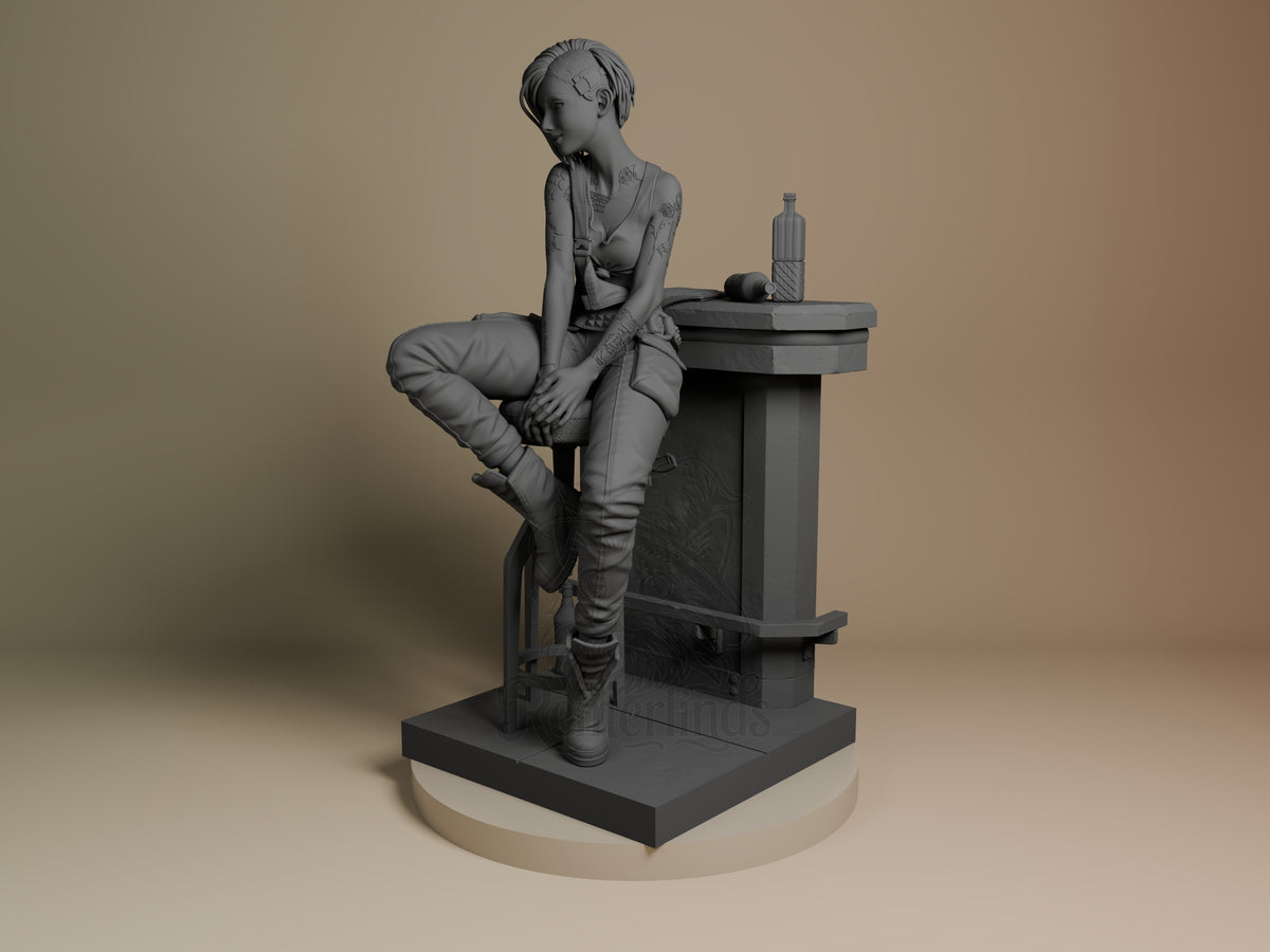 Judy from Cyberpunk 2077 is an unpainted gray resin figure seated on a sculpted desk base.
