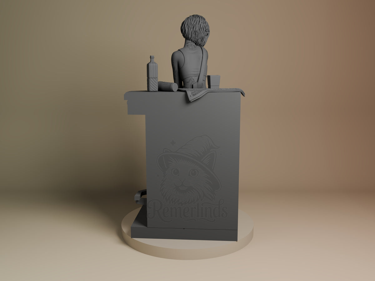 Back view shows Judy from Cyberpunk 2077, an unpainted resin figure on a sculpted counter base.