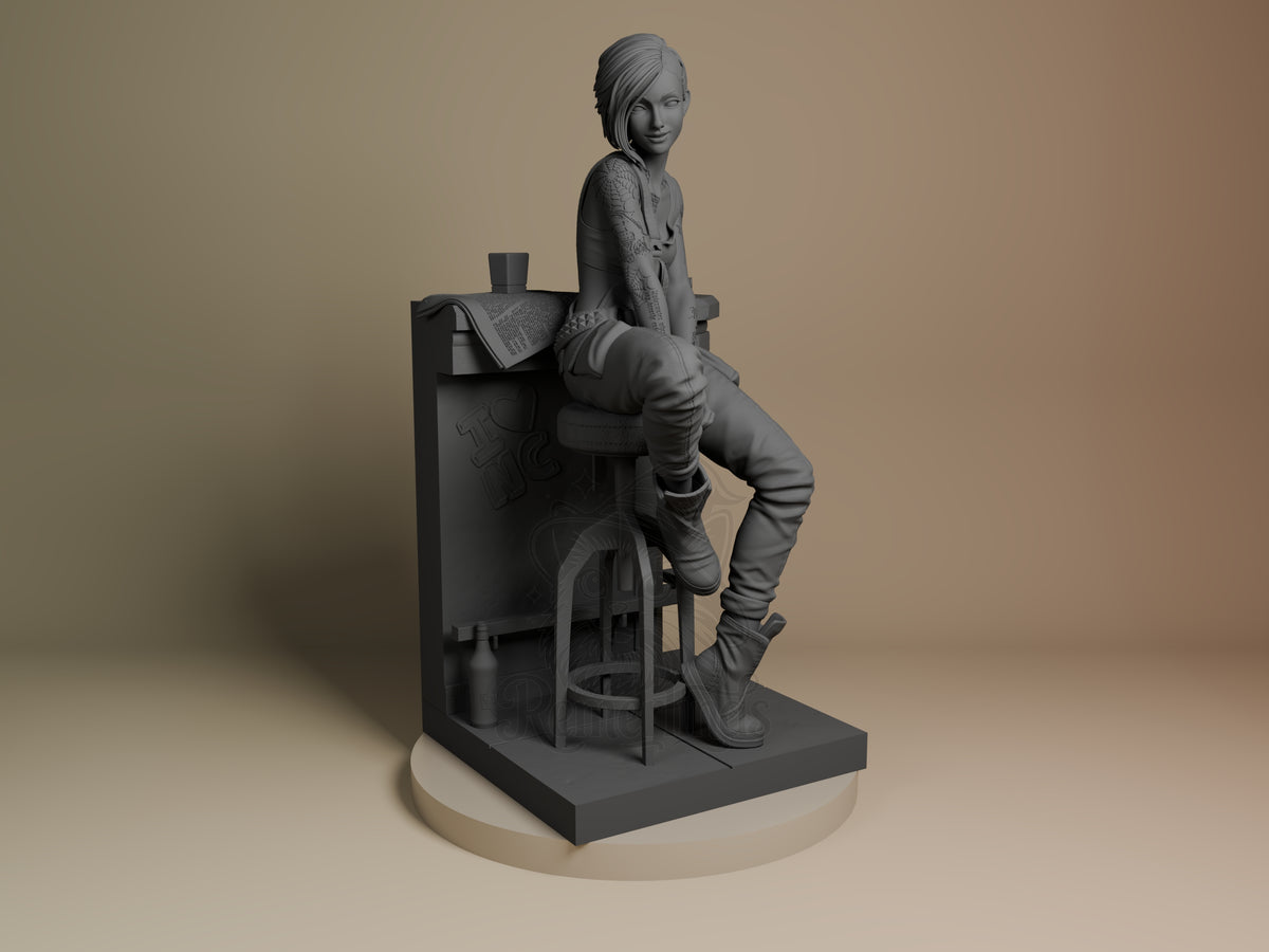 Judy from Cyberpunk 2077 is an unpainted resin figure seated on a sculpted base.