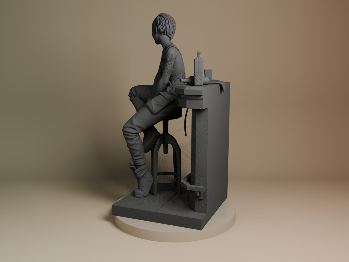 Judy from Cyberpunk 2077 sits in side profile at a desk as an unpainted resin figure on a base.