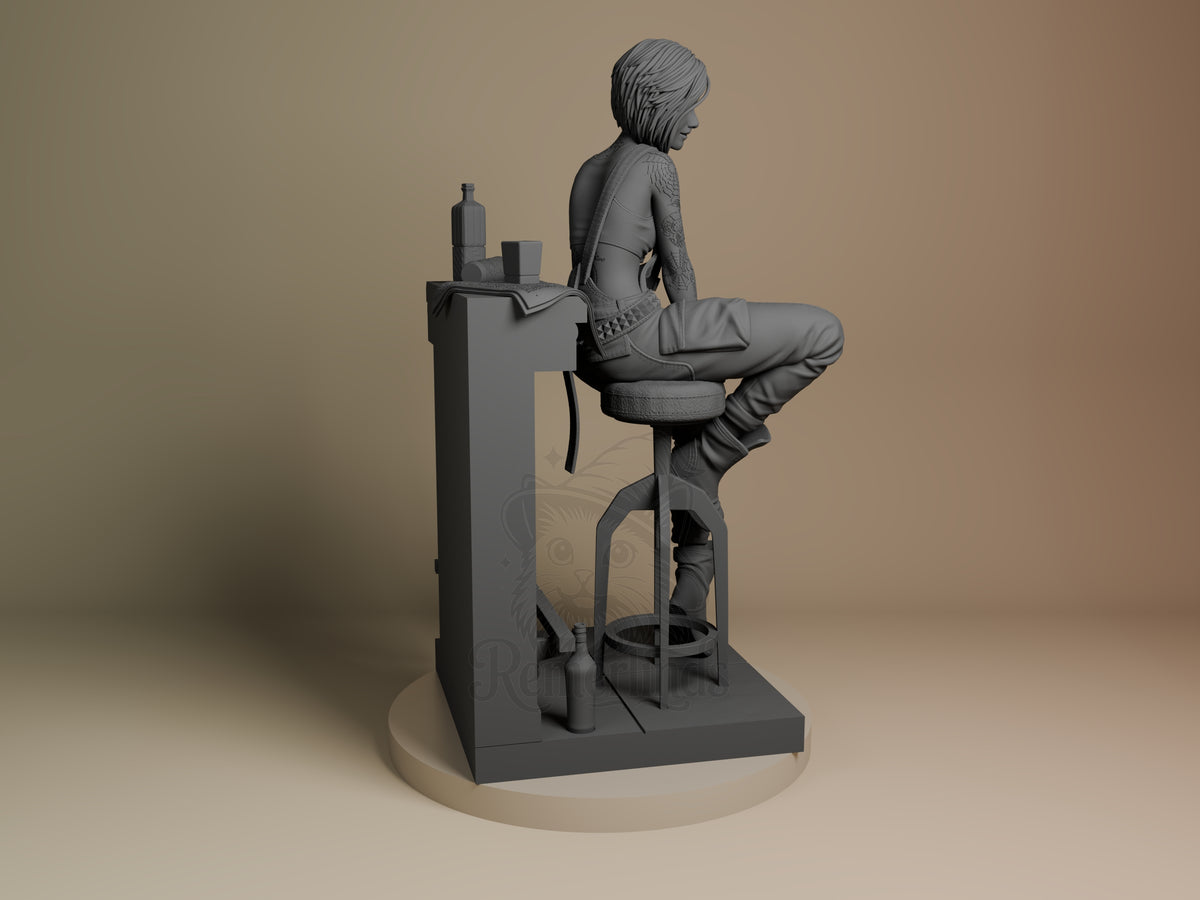 Rear view: Judy from Cyberpunk 2077 is an unpainted resin figure seated on a sculpted base.