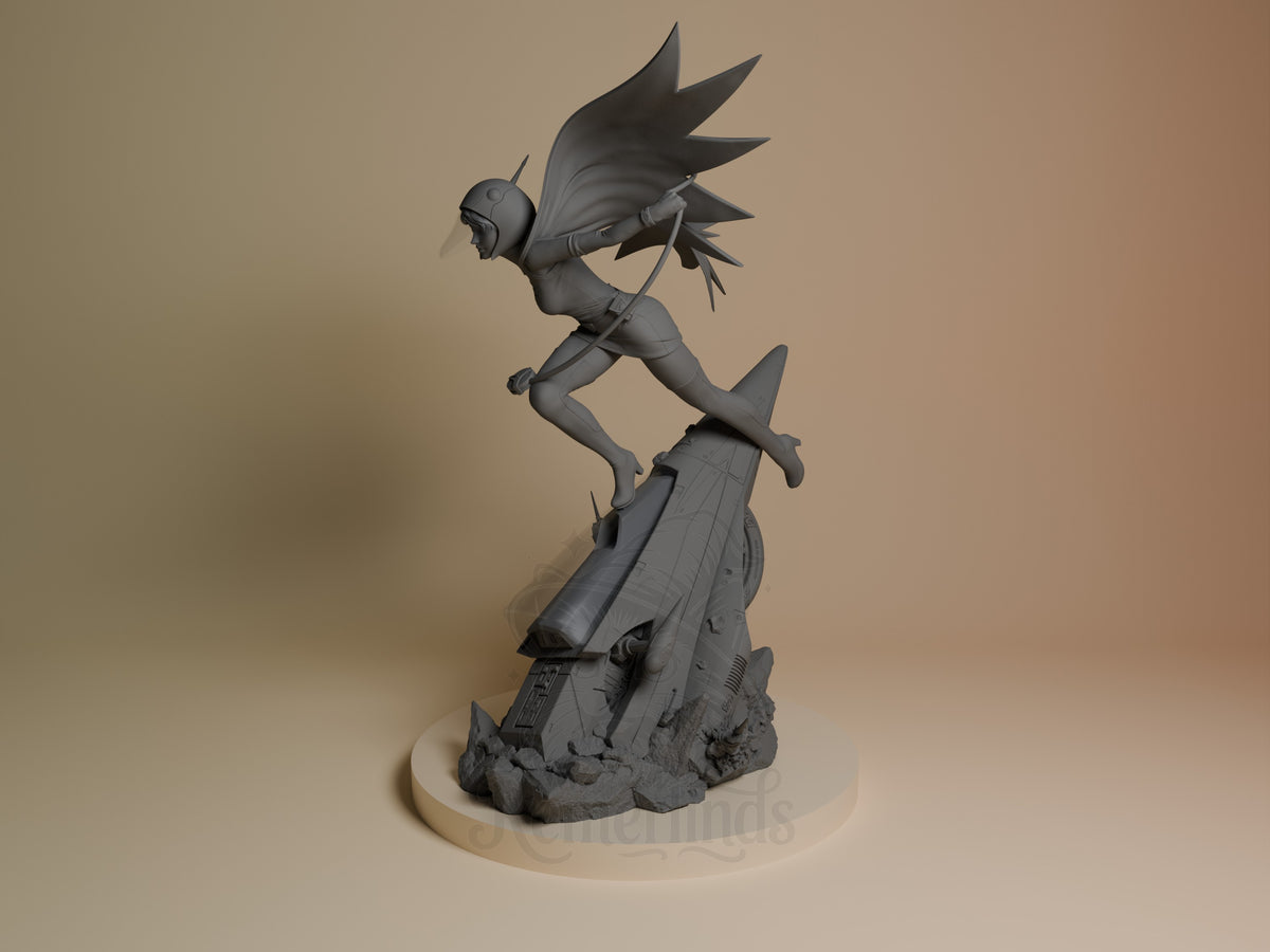 Jun the Swan resin figure in dynamic flying pose with spiky wings, unpainted gray finish, mounted on textured rocky base, angled side view.