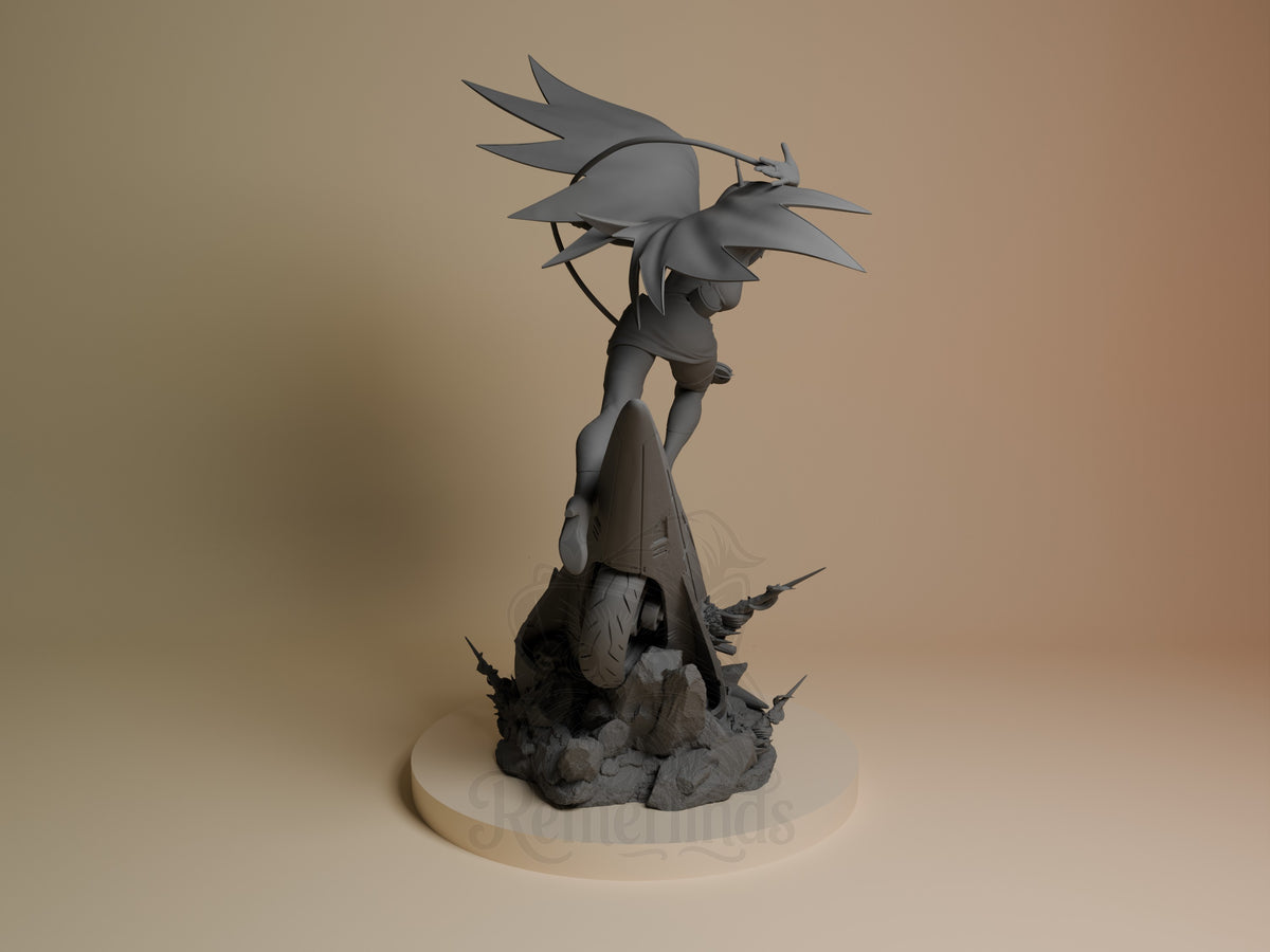 Jun the Swan resin figure shown from back, standing on rocky base with spiky hair detail, unpainted gray finish, CA3D Studios collectible.
