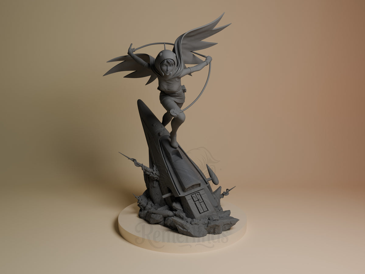 Jun the Swan resin figure in dynamic pose atop crashed aircraft base, unpainted gray finish, front view.