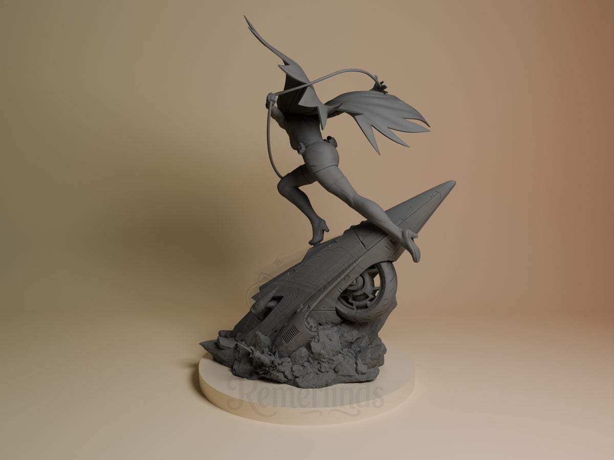 Jun the Swan resin figure in dynamic pose atop jet base, unpainted gray finish, left angle view on round base.