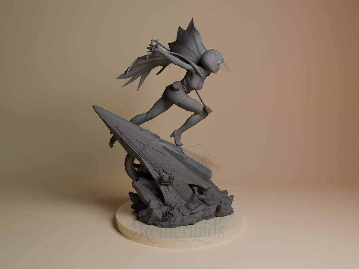 Jun the Swan resin figure in dynamic surfing pose on rocky base, shown from right angle, unpainted gray finish.