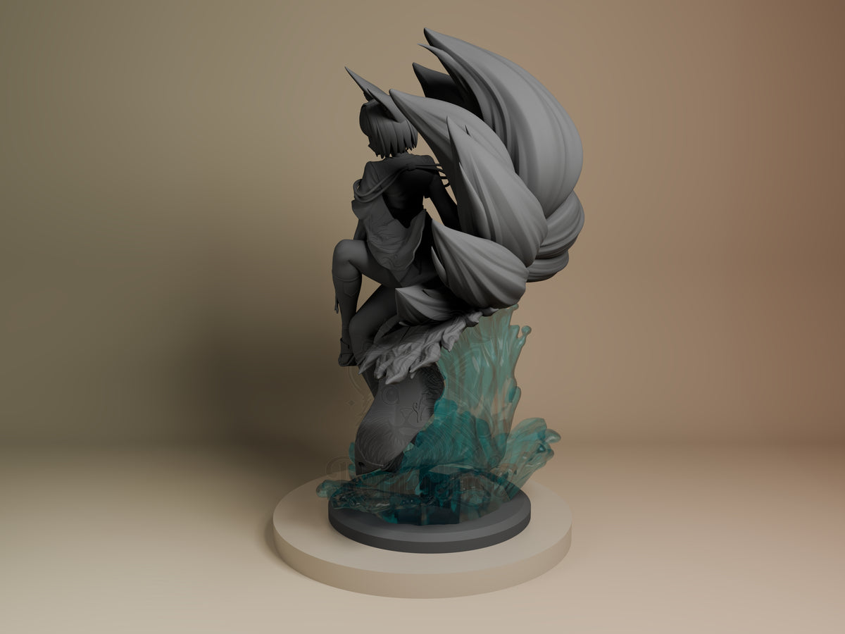 Kaga from Azur Lane 2 resin figure shown at angle, displaying flowing hair and clothing details, with teal crystalline base element, mounted on cream platform.
